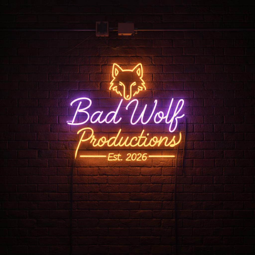 Neon sign hanging on a Brick wall, Glowing Purple and Amber 
